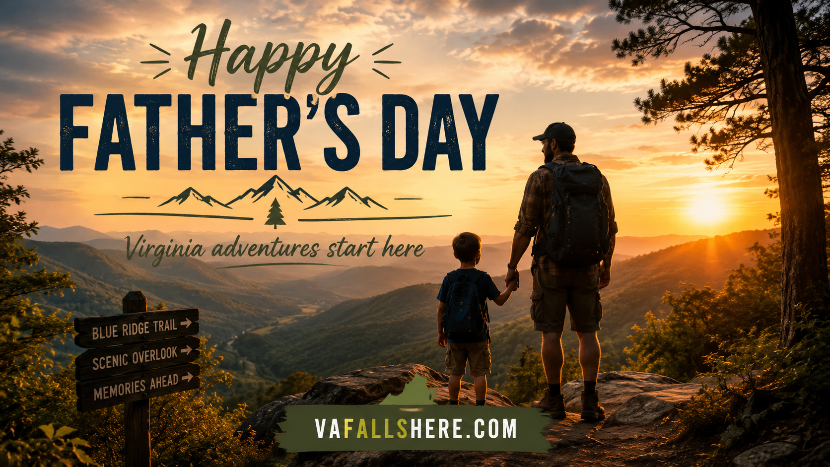 Happy Father's Day Virginia Falls Here graphic with a father and child overlooking the Blue Ridge.